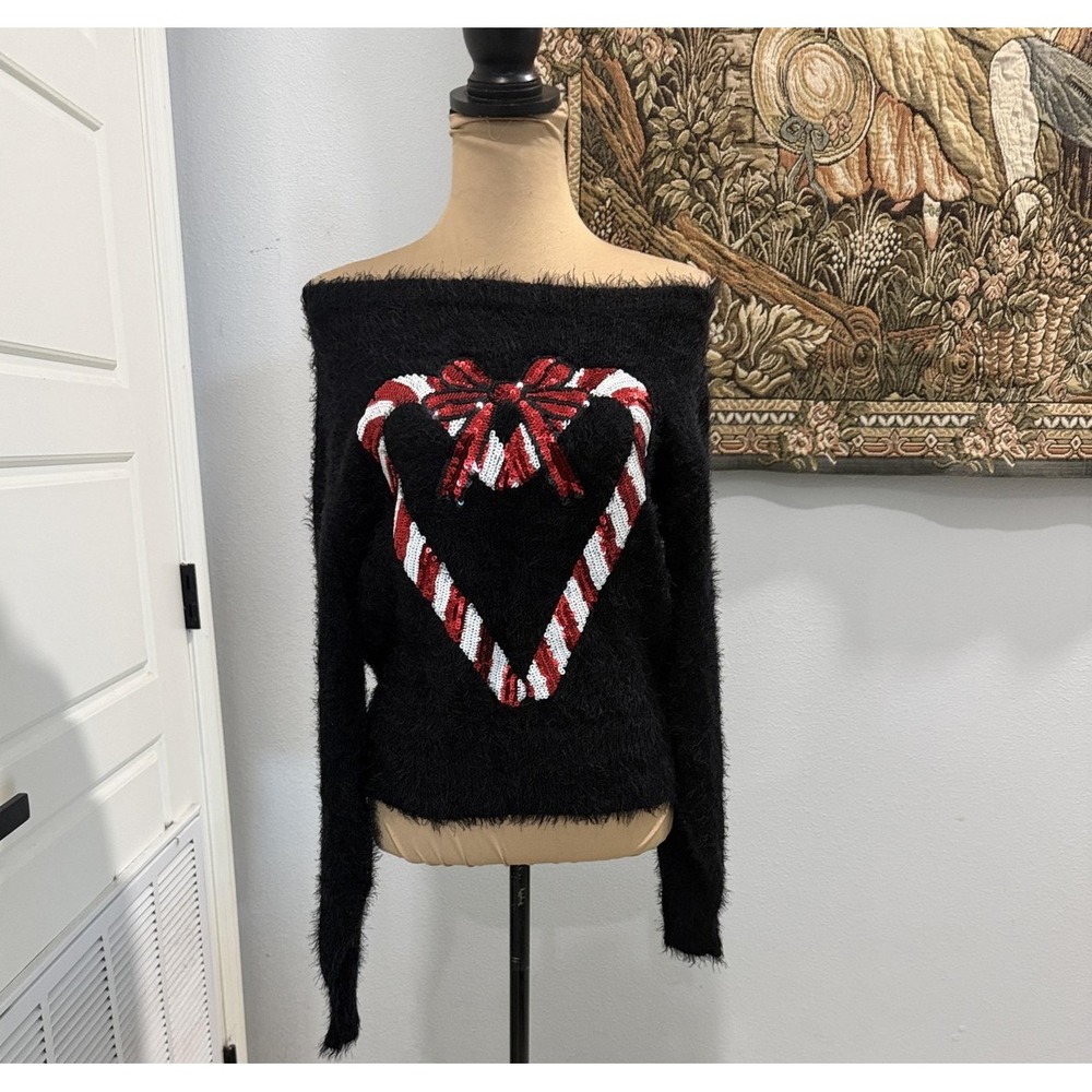 Candy Cane Heart Sweater Womens Medium Black Fuzzy Sequin Ugly Christmas